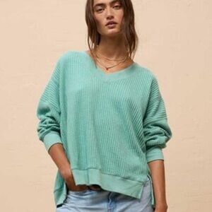 American Eagle Big Hug Waffle Knit Sweatshirt Aqua Size Small Cotton Blend